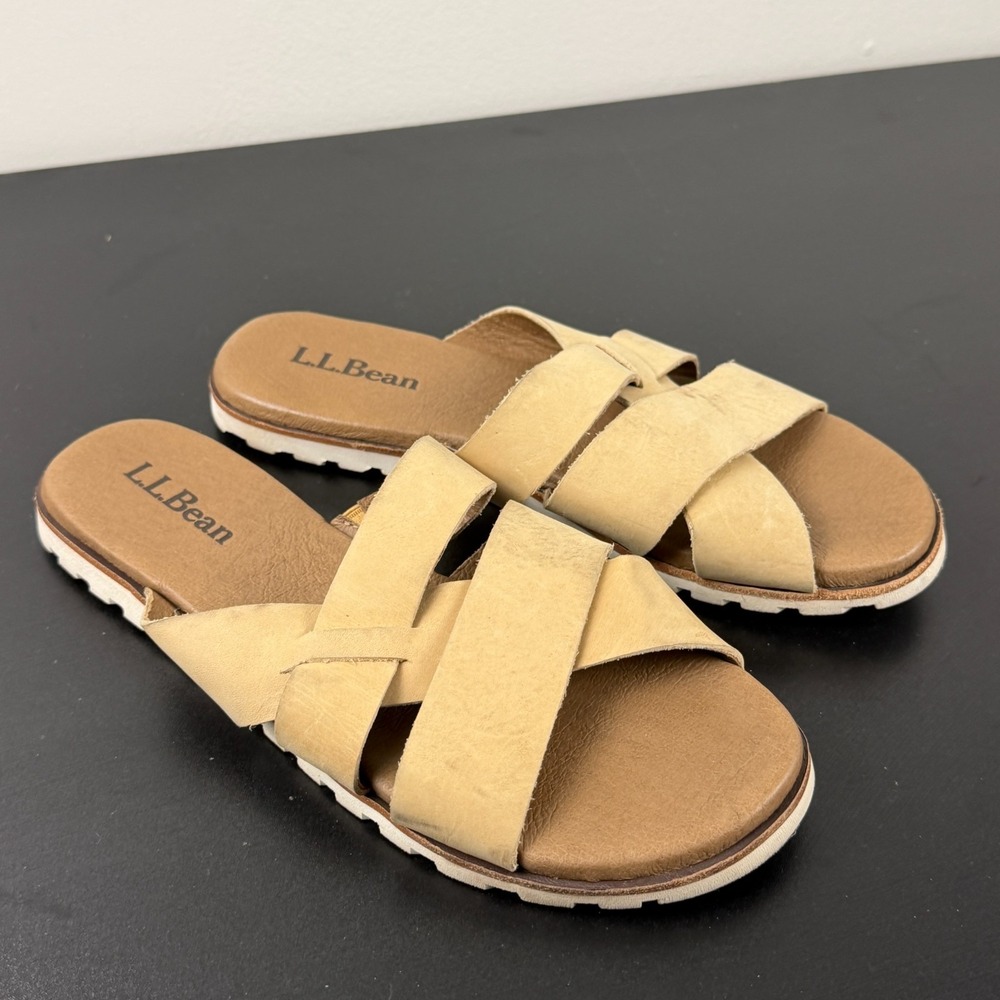 L.L.Bean Slides Sandals Women's 9M Tan Brown Leather Comfort Casual Slip On